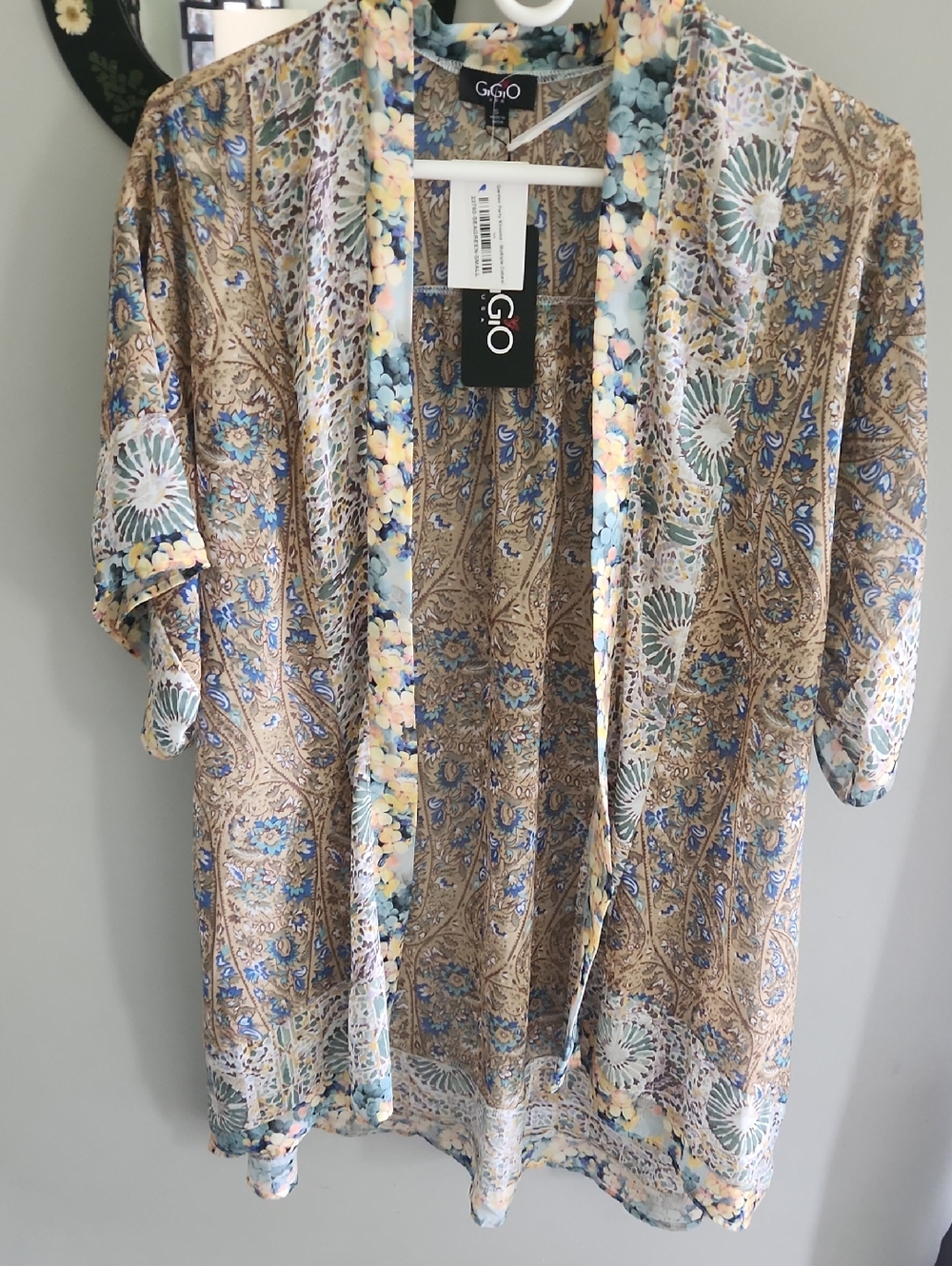 GGO Floral Paisley Kimono — Blue & Tan Womens Sz Small Oversized